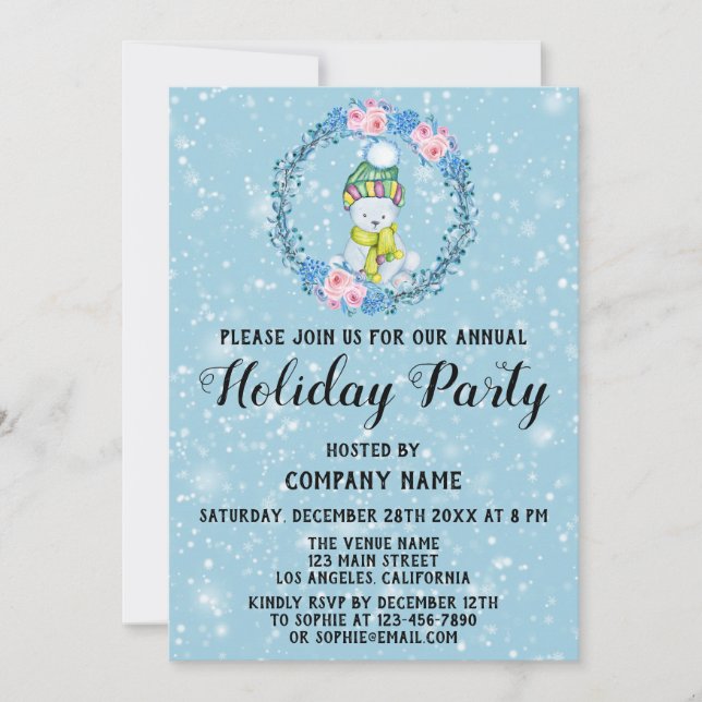 Cuddly Bear Wreath Company Holiday Party Blue Snow Invitation (Front)