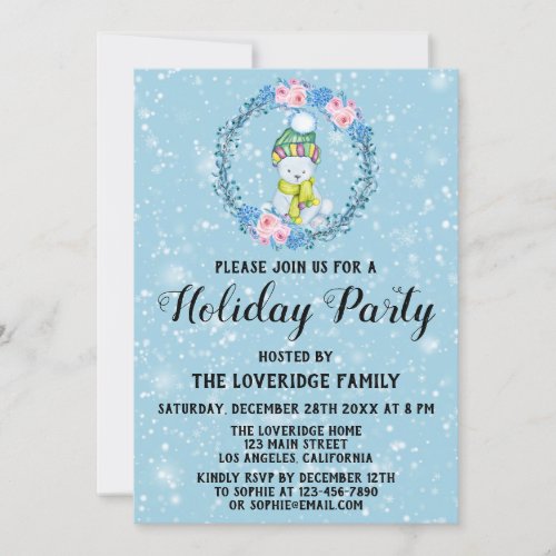 Cuddly Bear Wreath Xmas Holiday Party Blue Snow Invitation