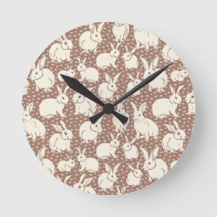 Cuddly Bunny Rabbits Bonanza - Mocha Mousse.    Round Clock
