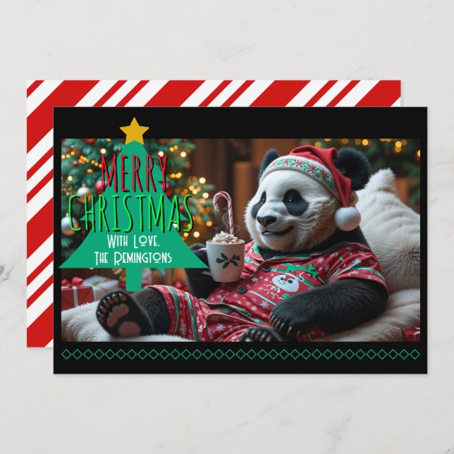 Cuddly Christmas Panda in Pajamas Personalized Holiday Card (Front/Back)