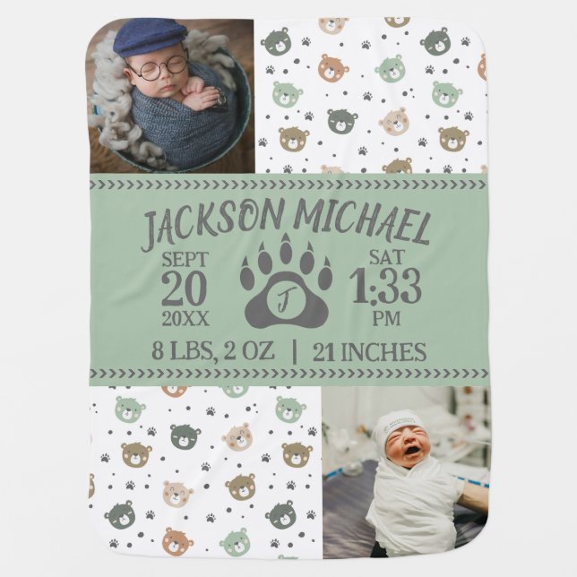 Cuddly Cub Birth Stat Baby Blanket (Front)