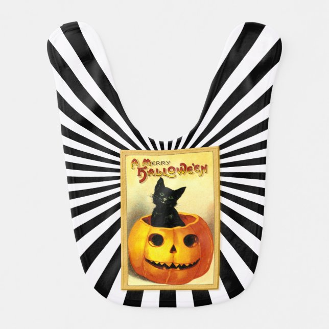 Cuddly Cute Black Kitten Merry Halloween Baby Bib (Front)
