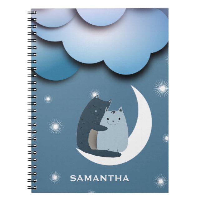 Cuddly Cute Cats on the Moon Personalised Notebook (Front)
