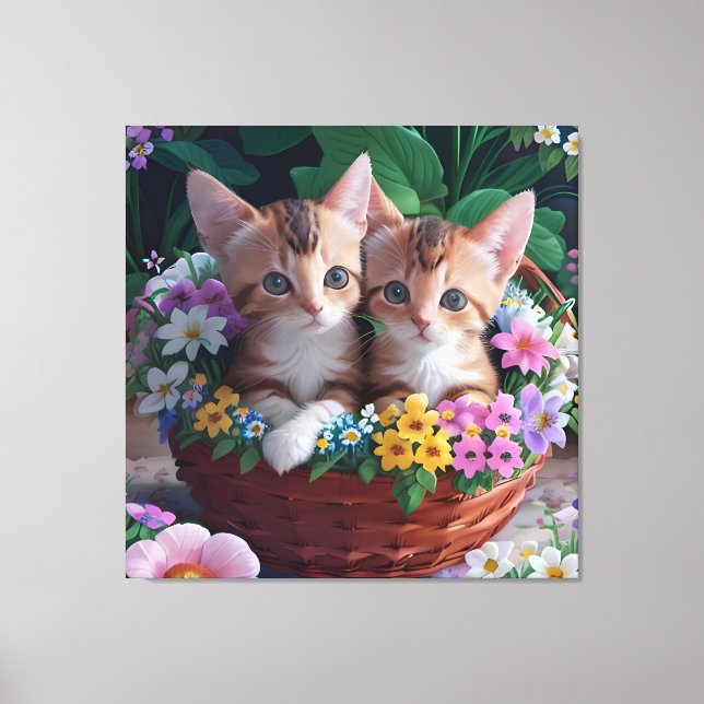 Cuddly Cute Kittens in a Flower Basket Canvas Print (Front)