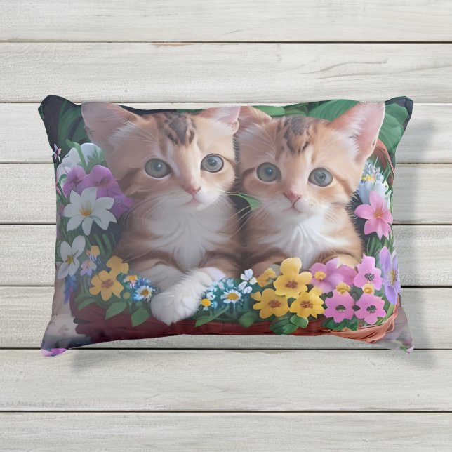 Cuddly Cute Kittens in a Flower Basket Outdoor Pillow (Front)