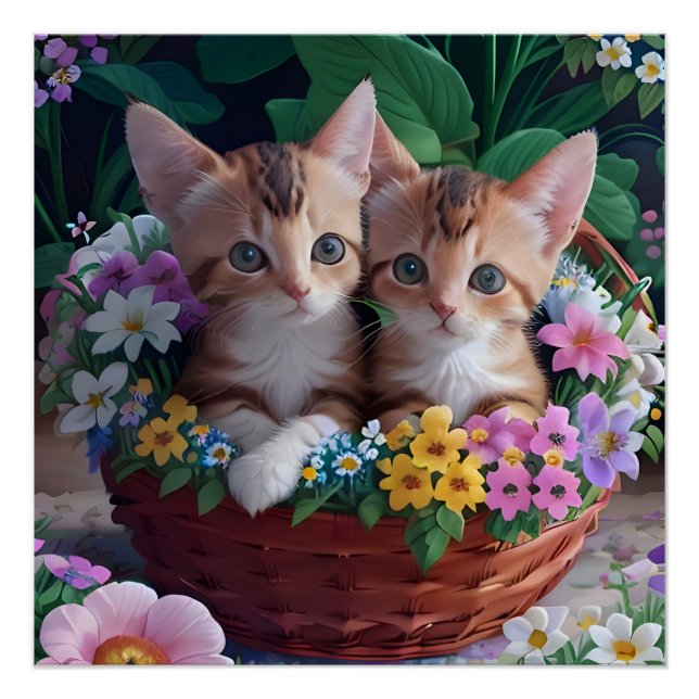 Cuddly Cute Kittens in a Flower Basket Poster (Front)