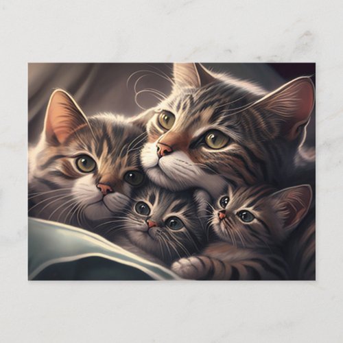 Cuddly Family Feline _ Mom cat and Kittens Postcard