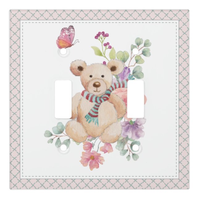 Cuddly teddy in flowers light switch cover (Front)