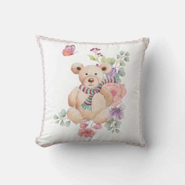 Cuddly teddy in flowers throw pillow (Front)