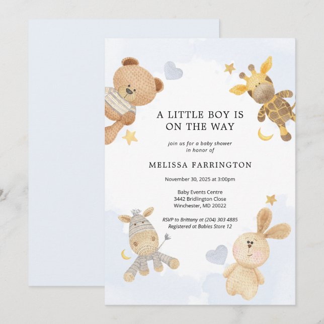 Cuddly Toy Pastel Blue Cute Baby Shower Invitation (Front/Back)