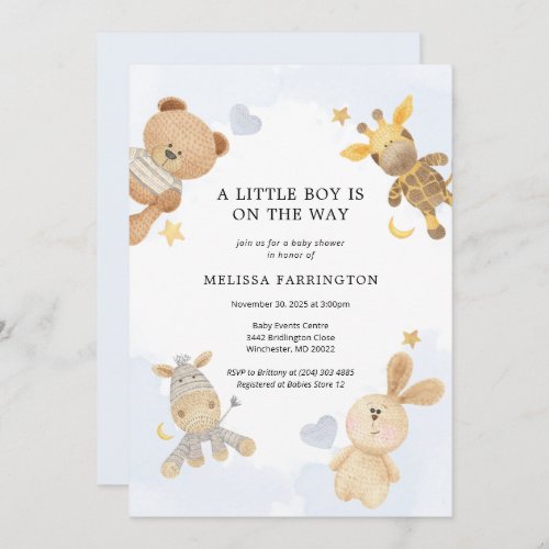 Cuddly Toy Pastel Blue Cute Baby Shower Invitation