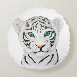 Cuddly White Tiger Art - Cute Wildlife Art Round Pillow