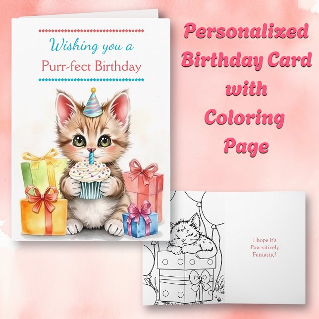 Cue Birthday Cat | Inside Coloring Page Card (Creator Uploaded)