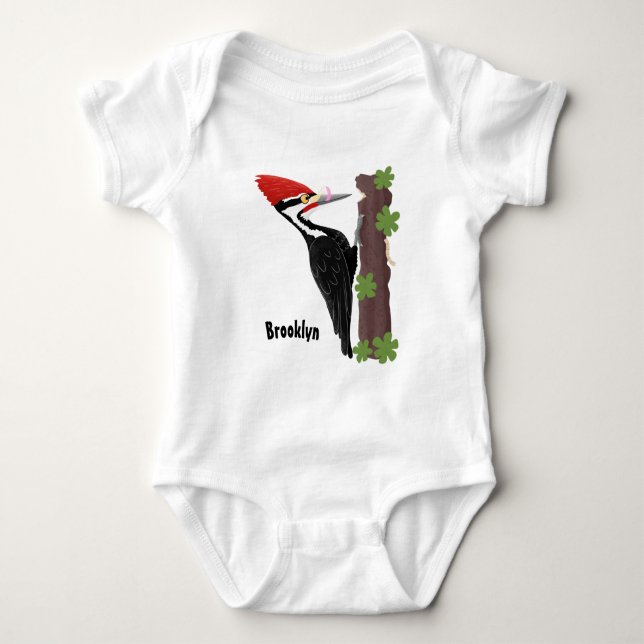 Cue funny Pileated woodpecker cartoon illustration Baby Bodysuit (Front)