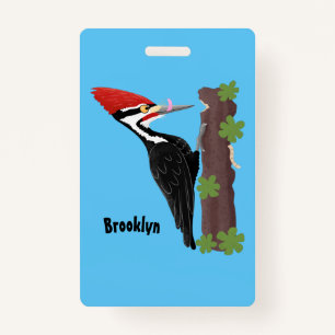Cue funny Pileated woodpecker cartoon illustration Badge