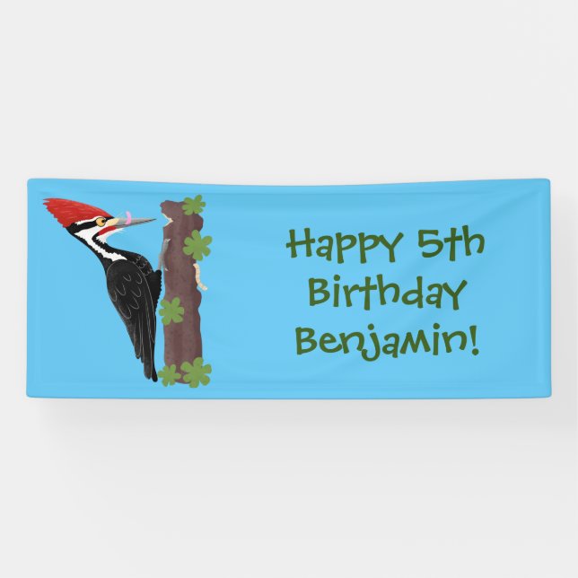 Cue funny Pileated woodpecker cartoon illustration Banner (Horizontal)