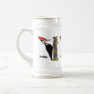 Cue funny Pileated woodpecker cartoon illustration Beer Stein