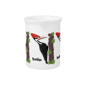 Cue funny Pileated woodpecker cartoon illustration Beverage Pitcher