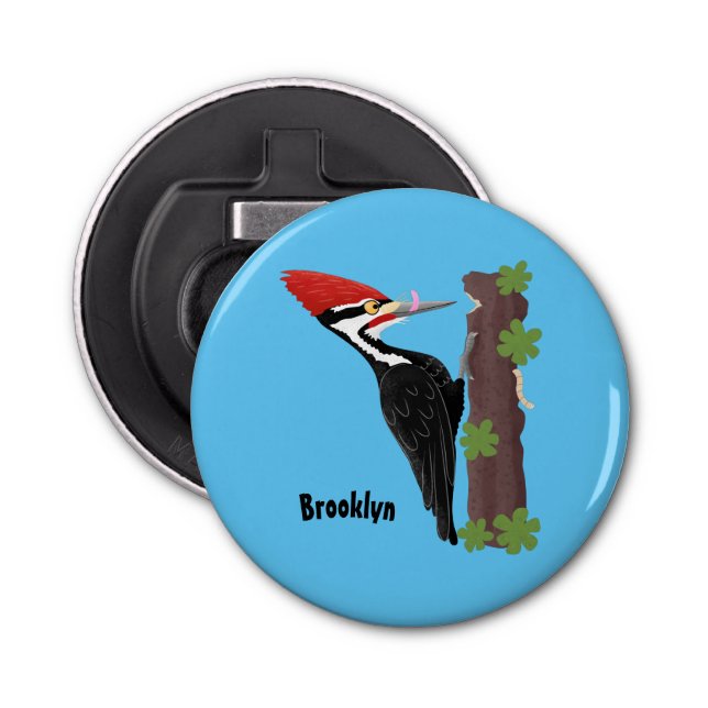 Cue funny Pileated woodpecker cartoon illustration Bottle Opener (Front)