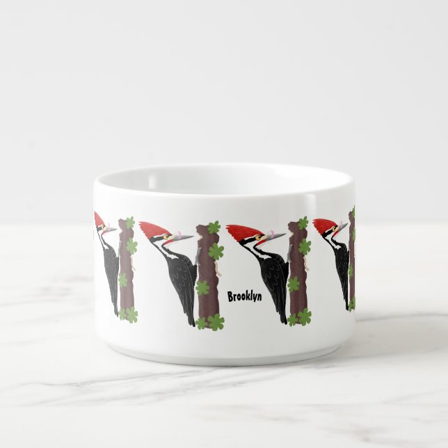 Cue funny Pileated woodpecker cartoon illustration Bowl (Center)