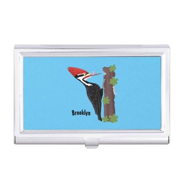 Cue funny Pileated woodpecker cartoon illustration Business Card Case (Front)