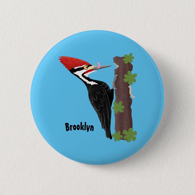 Cue funny Pileated woodpecker cartoon illustration Button (Front)