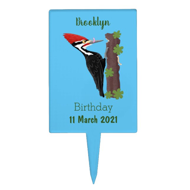 Cue funny Pileated woodpecker cartoon illustration Cake Topper (Front)