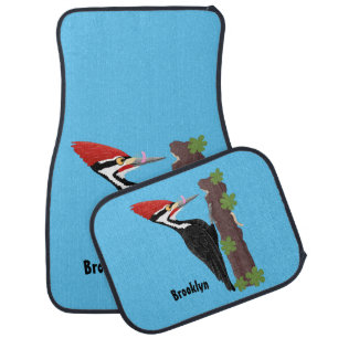 Cue funny Pileated woodpecker cartoon illustration Car Floor Mat