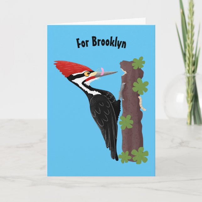 Cue funny Pileated woodpecker cartoon illustration Card (Front)
