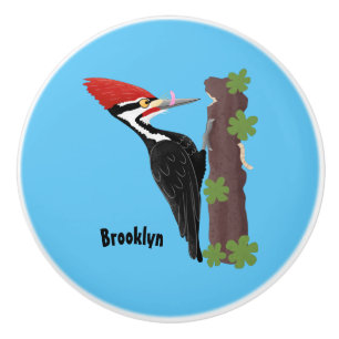 Cue funny Pileated woodpecker cartoon illustration Ceramic Knob