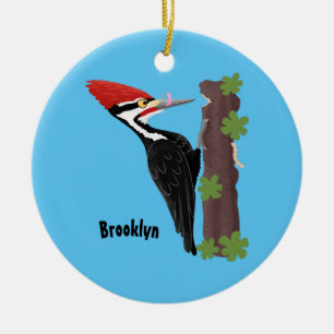 Cue funny Pileated woodpecker cartoon illustration Ceramic Ornament