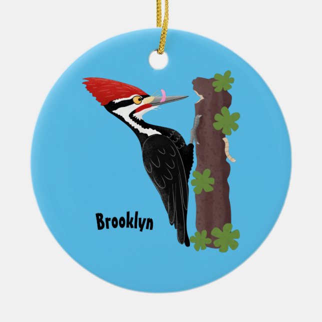 Cue funny Pileated woodpecker cartoon illustration Ceramic Ornament (Front)