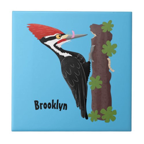 Cue funny Pileated woodpecker cartoon illustration Ceramic Tile