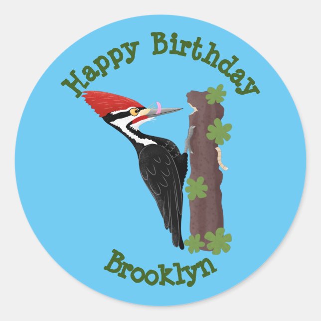 Cue funny Pileated woodpecker cartoon illustration Classic Round Sticker (Front)