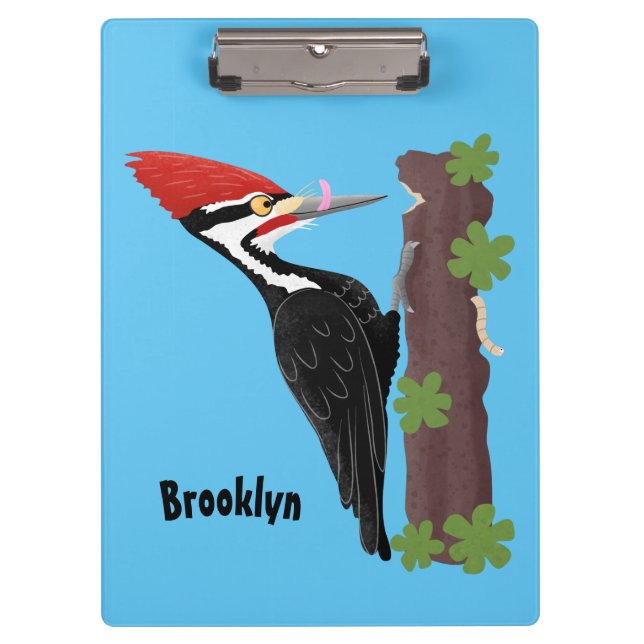 Cue funny Pileated woodpecker cartoon illustration Clipboard (Front)