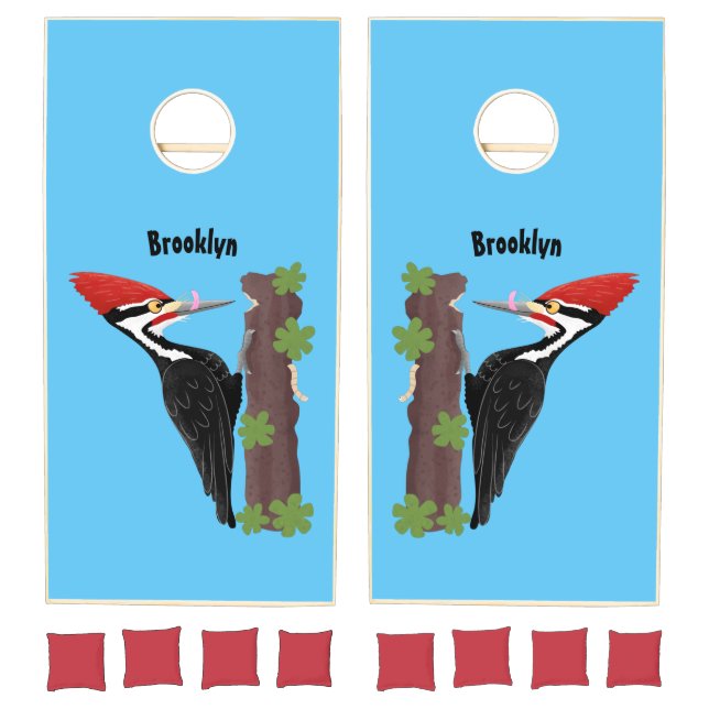 Cue funny Pileated woodpecker cartoon illustration Cornhole Set (Set)