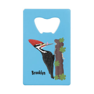 Cue funny Pileated woodpecker cartoon illustration Credit Card Bottle Opener