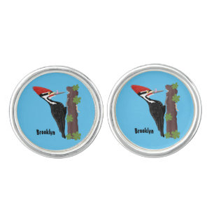 Cue funny Pileated woodpecker cartoon illustration Cufflinks