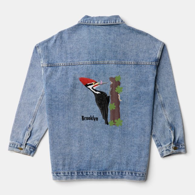 Cue funny Pileated woodpecker cartoon illustration Denim Jacket (Back)