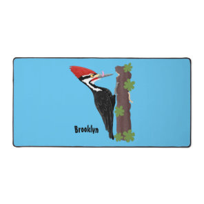 Cue funny Pileated woodpecker cartoon illustration Desk Mat