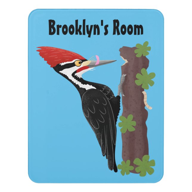 Cue funny Pileated woodpecker cartoon illustration Door Sign (Contemporary Vert)