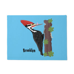 Cue funny Pileated woodpecker cartoon illustration Doormat