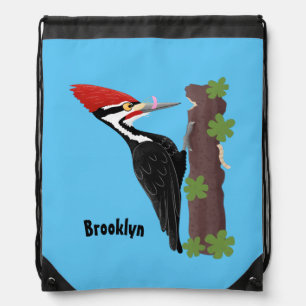 Cue funny Pileated woodpecker cartoon illustration Drawstring Bag