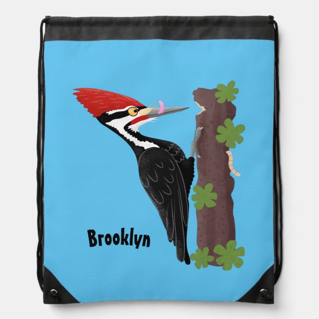 Cue funny Pileated woodpecker cartoon illustration Drawstring Bag (Front)