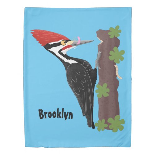 Cue funny Pileated woodpecker cartoon illustration Duvet Cover