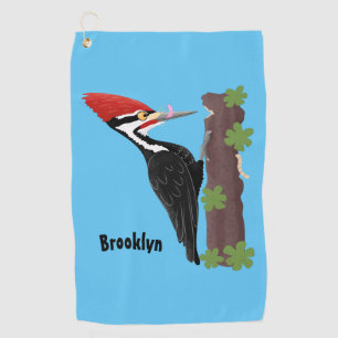 Cue funny Pileated woodpecker cartoon illustration Golf Towel