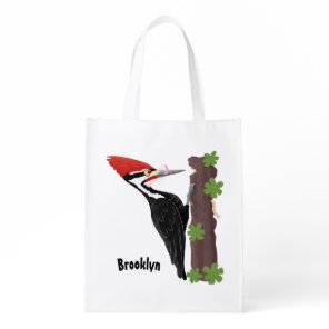 Cue funny Pileated woodpecker cartoon illustration Grocery Bag