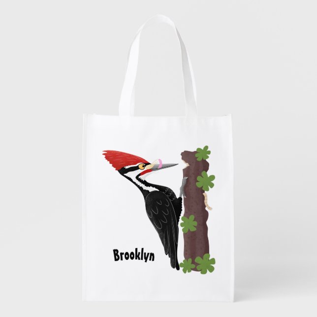 Cue funny Pileated woodpecker cartoon illustration Grocery Bag (Front)