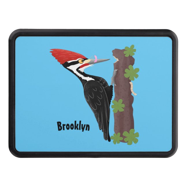 Cue funny Pileated woodpecker cartoon illustration Hitch Cover (Front)