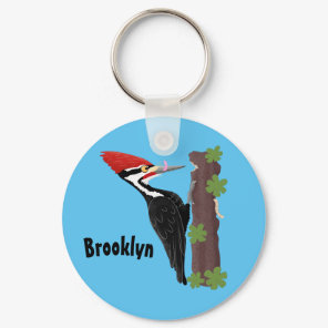 Cue funny Pileated woodpecker cartoon illustration Keychain